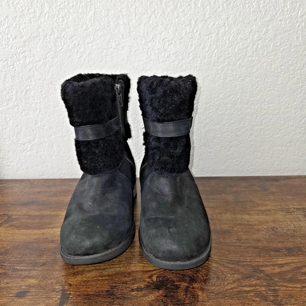 UGG Simmens Boot Women 5.5 Black Waterproof Leather Shearling Moto 1008220
